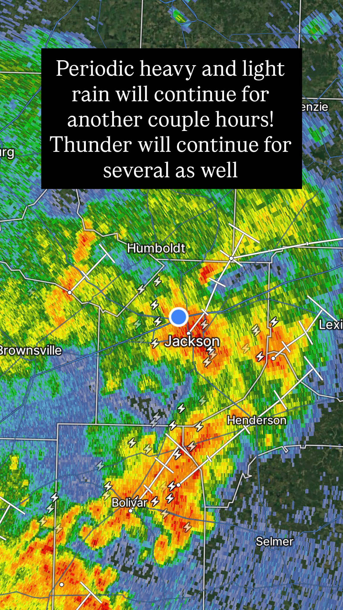 Periodic heavy and light rain continuing over Jackson with thunder