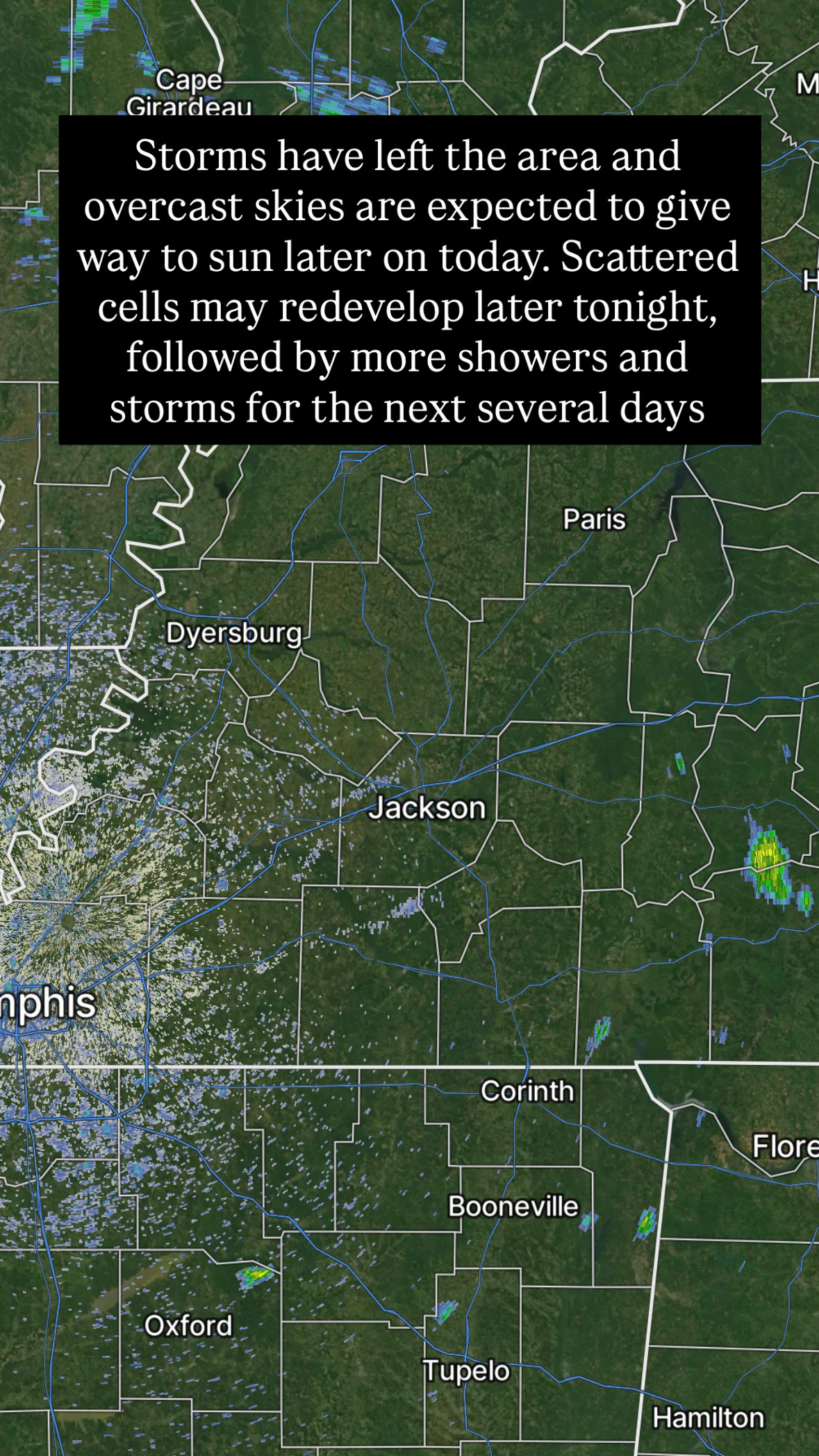 Storms departed, scattered cells may redevelop tonight